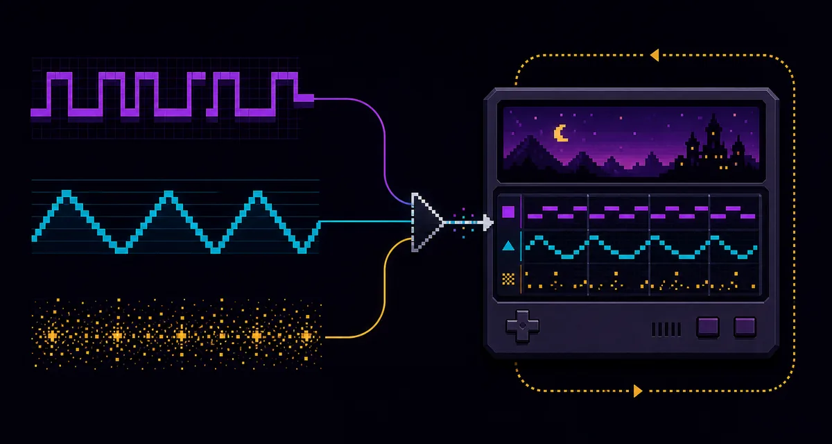 Abstract square wave, triangle bass, and noise percussion elements flowing into a compact retro game music loop