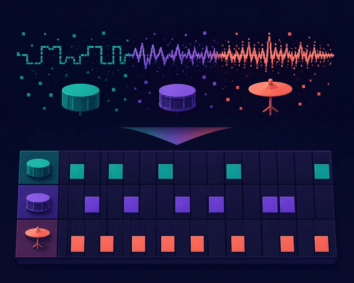 Editorial diagram showing three colored chiptune percussion waveforms arranged on a compact drum grid