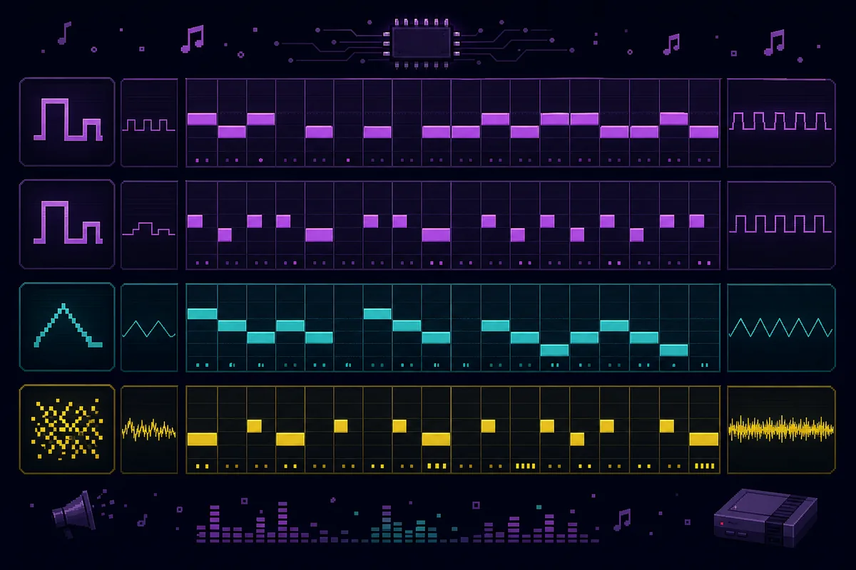 Abstract four-lane tracker grid showing pulse leads, bass, and noise percussion blocks for a chiptune arrangement