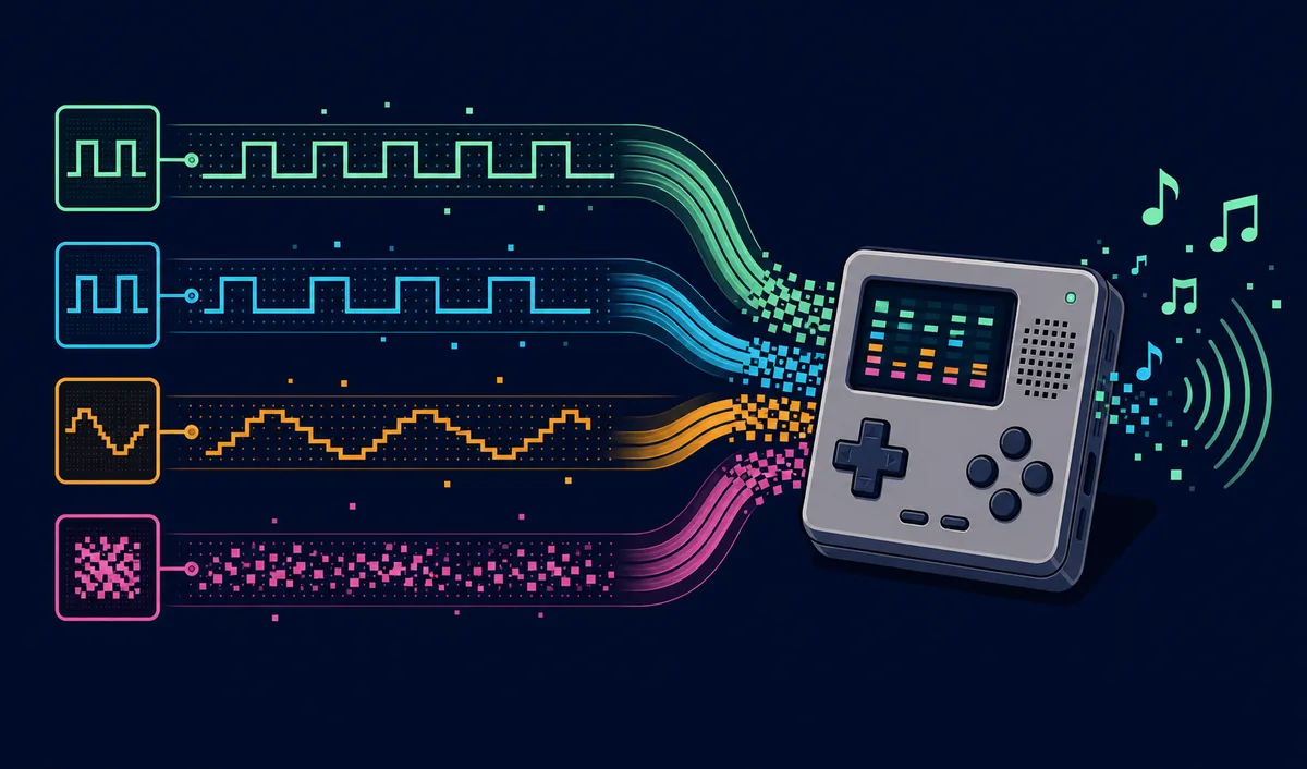 Editorial illustration of two pulse waves, one programmable wave, and noise combining into Game Boy-style chiptune