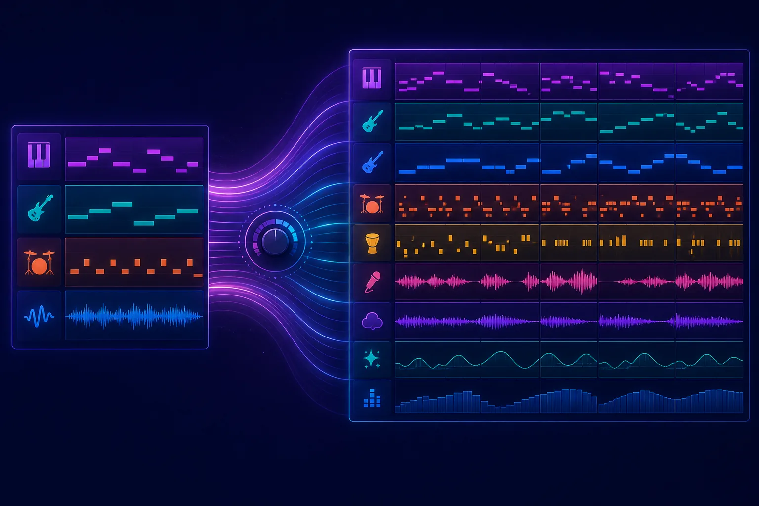 Illustrative comparison of a compact four-lane BeepBox arrangement expanding into a richer multi-role sequencer