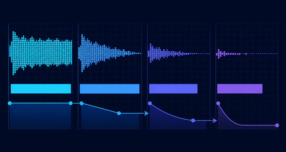 Four stages of a BeepBox note volume envelope fading from loud to quiet