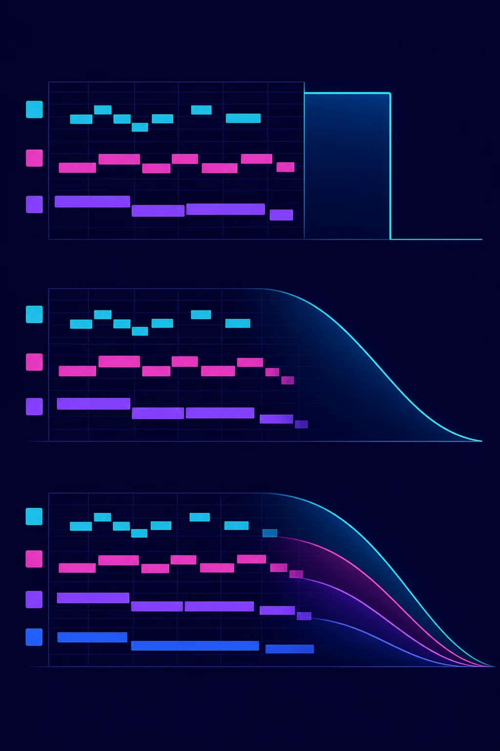 Comparison of abrupt, smooth, and layered fade endings in a chiptune arrangement