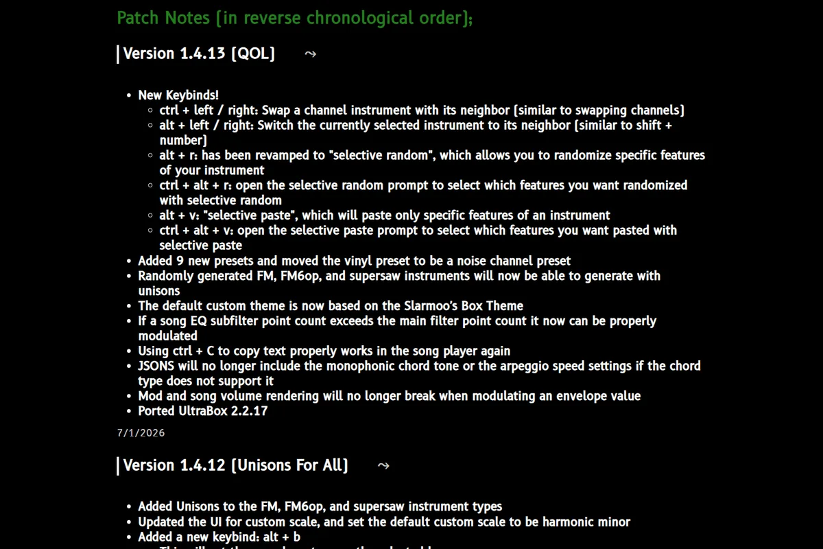 Official Slarmoo's Box patch notes showing version 1.4.13 and the UltraBox 2.2.17 port