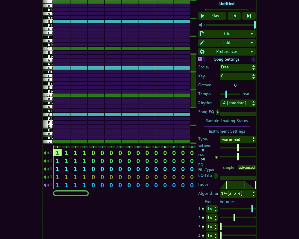 Official Slarmoo's Box editor showing its green and purple pattern grid and instrument controls