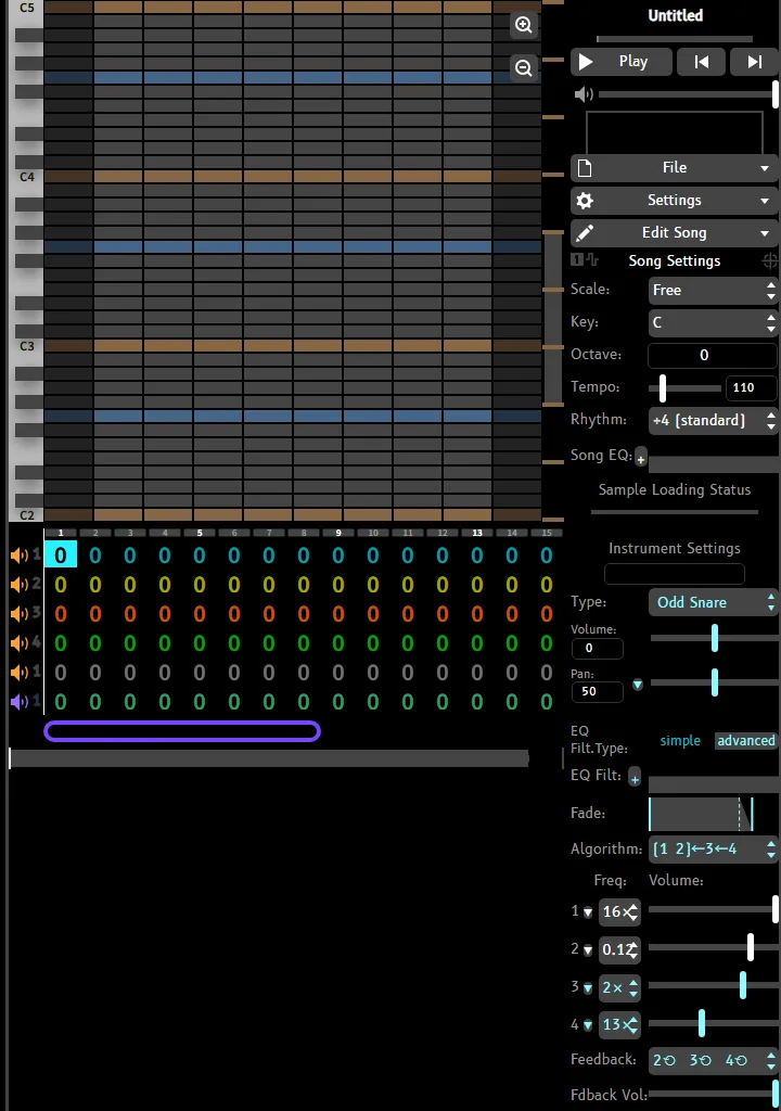 Official Studio Box editor showing the note grid, pattern rows, playback controls, and instrument settings
