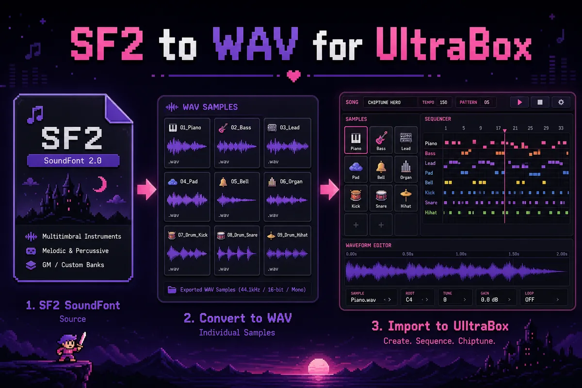 Workflow showing an SF2 SoundFont converted into WAV sample files and imported into UltraBox